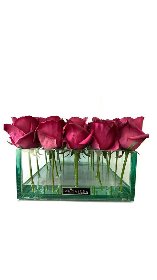 Red Rose Buds Square Glass Plate Planter